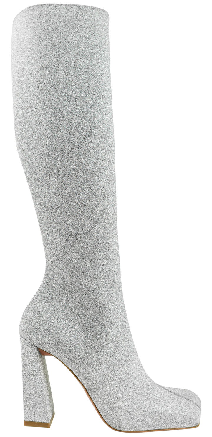 Amina Muaddi Marine Knee High Boots in Silver Glitter - Discounts on Amina Muaddi at UAL