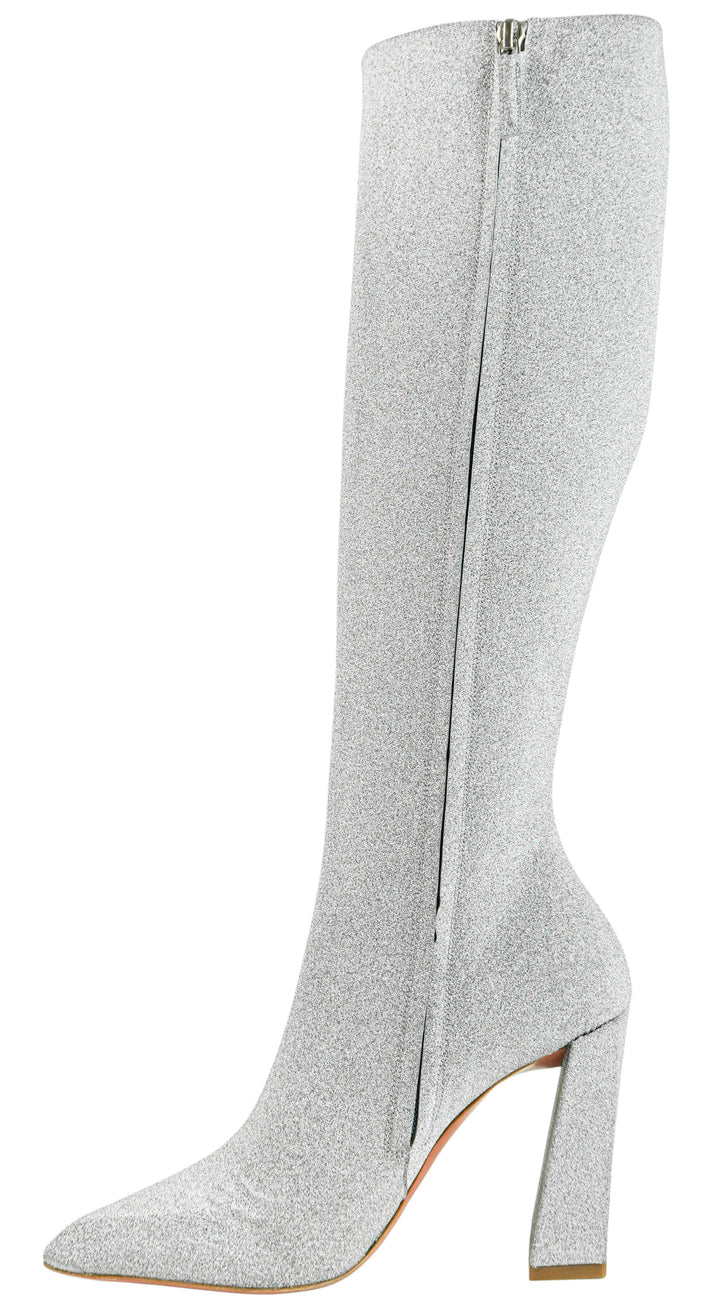 Amina Muaddi Marine Knee High Boots in Silver Glitter - Discounts on Amina Muaddi at UAL