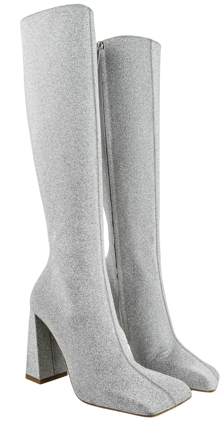 Amina Muaddi Marine Knee High Boots in Silver Glitter - Discounts on Amina Muaddi at UAL