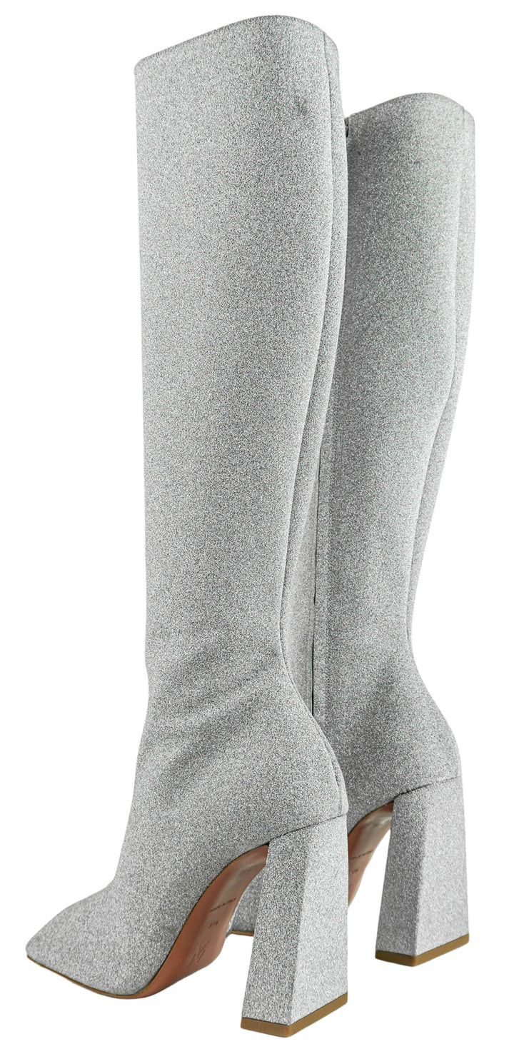 Amina Muaddi Marine Knee High Boots in Silver Glitter - Discounts on Amina Muaddi at UAL
