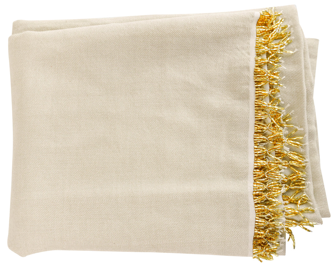 Bajra Cashmere and Silk Scarf with Beaded Trim in Tan