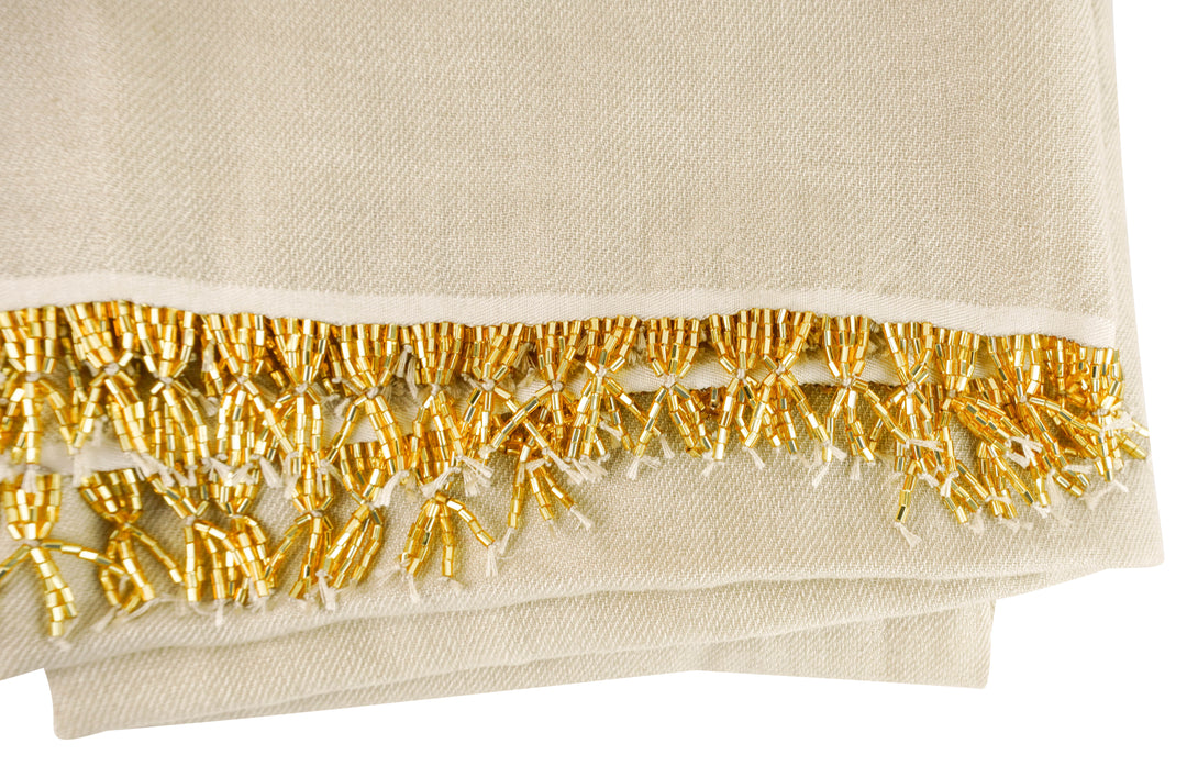 Bajra Cashmere and Silk Scarf with Beaded Trim in Tan