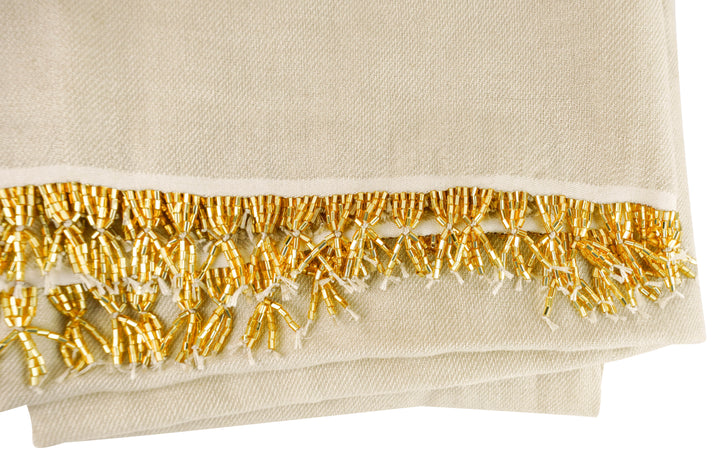 Bajra Cashmere and Silk Scarf with Beaded Trim in Tan