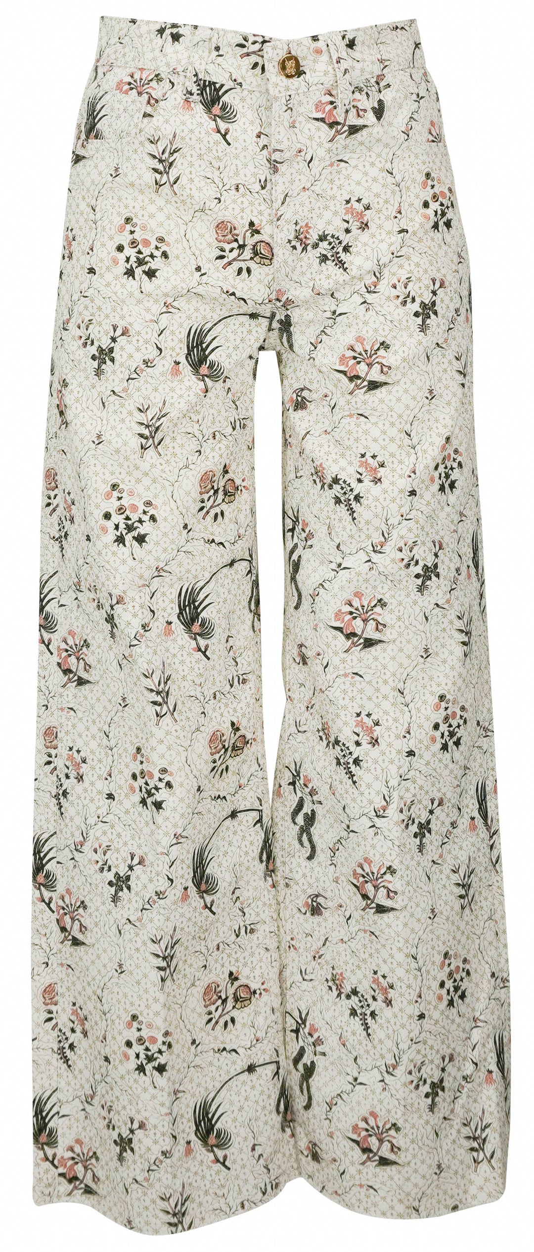 Giambattista Floral Print Wide Leg Cropped Jeans in White/Green Multi - Discounts on Giambattista Valli at UAL