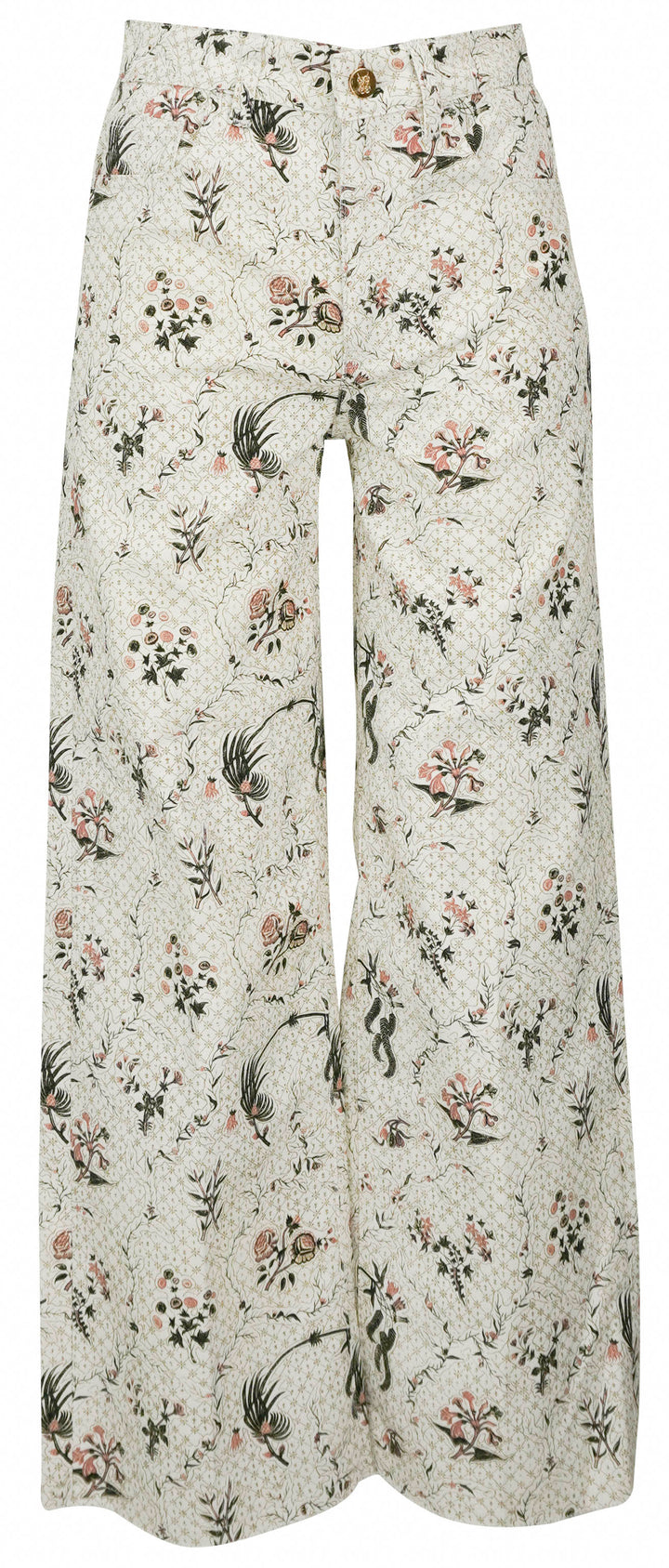 Giambattista Floral Print Wide Leg Cropped Jeans in White/Green Multi - Discounts on Giambattista Valli at UAL