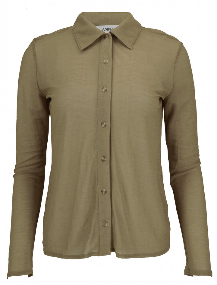 SPRWMN Mesh Knit Button Up Top in Khaki - Discounts on SPRWMN at UAL