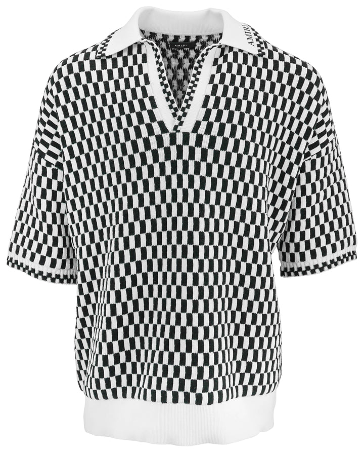 Amiri Checkered Knit Polo in Black and White - Discounts on Amiri at UAL
