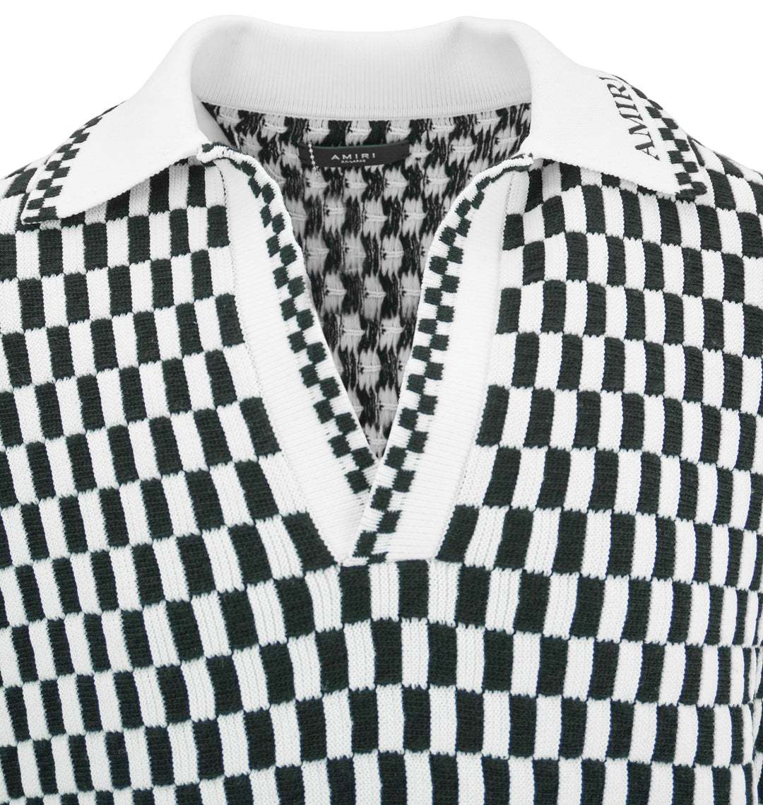 Amiri Checkered Knit Polo in Black and White - Discounts on Amiri at UAL