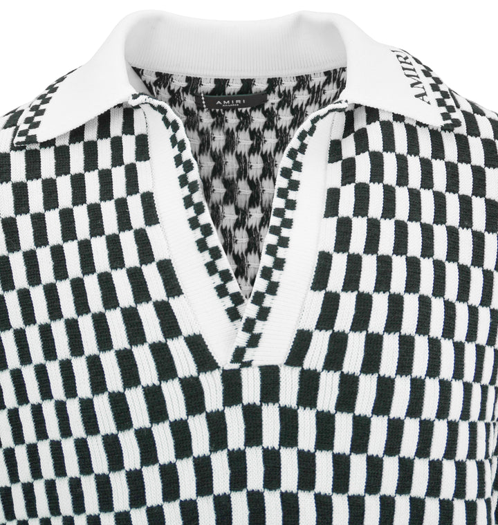 Amiri Checkered Knit Polo in Black and White - Discounts on Amiri at UAL