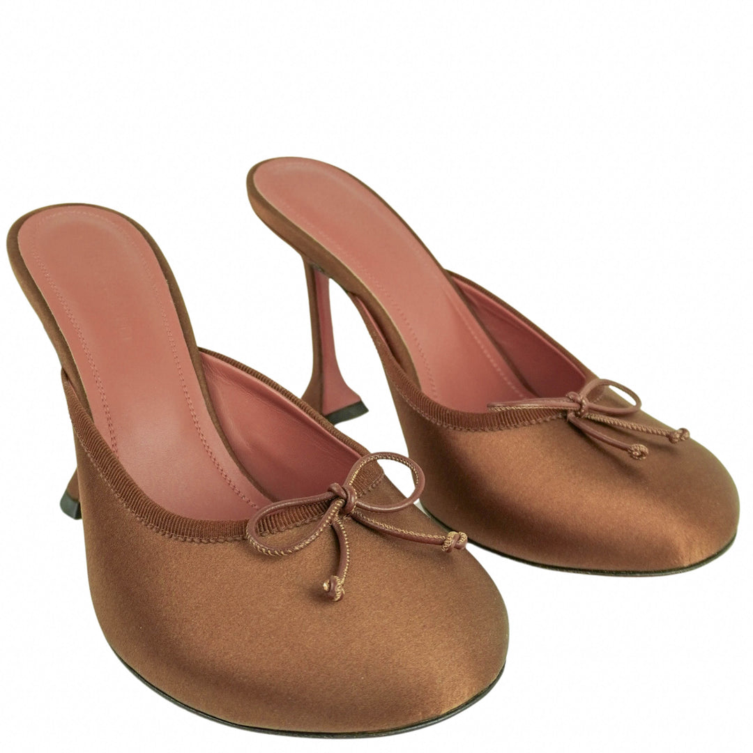 Amina Muaddi Lila Satin Slippers in Mocha - Discounts on Amina Muaddi at UAL