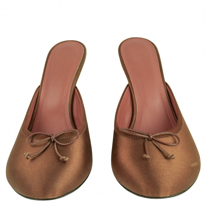 Amina Muaddi Lila Satin Slippers in Mocha - Discounts on Amina Muaddi at UAL