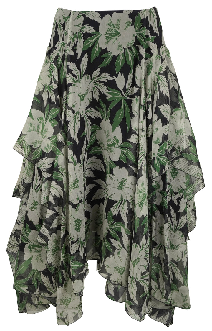 LOEWE Floral Printed Silk Skirt in Black/Green Multi - Discounts on LOEWE at UAL