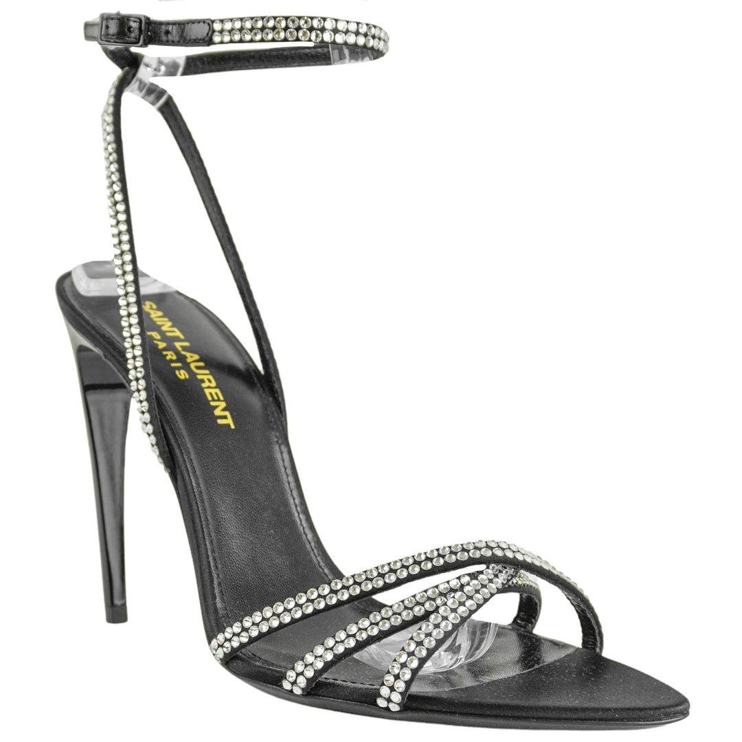 Saint Laurent Gippy 105 Heeled Sandals in Black/Crystal - Discounts on Saint Laurent at UAL