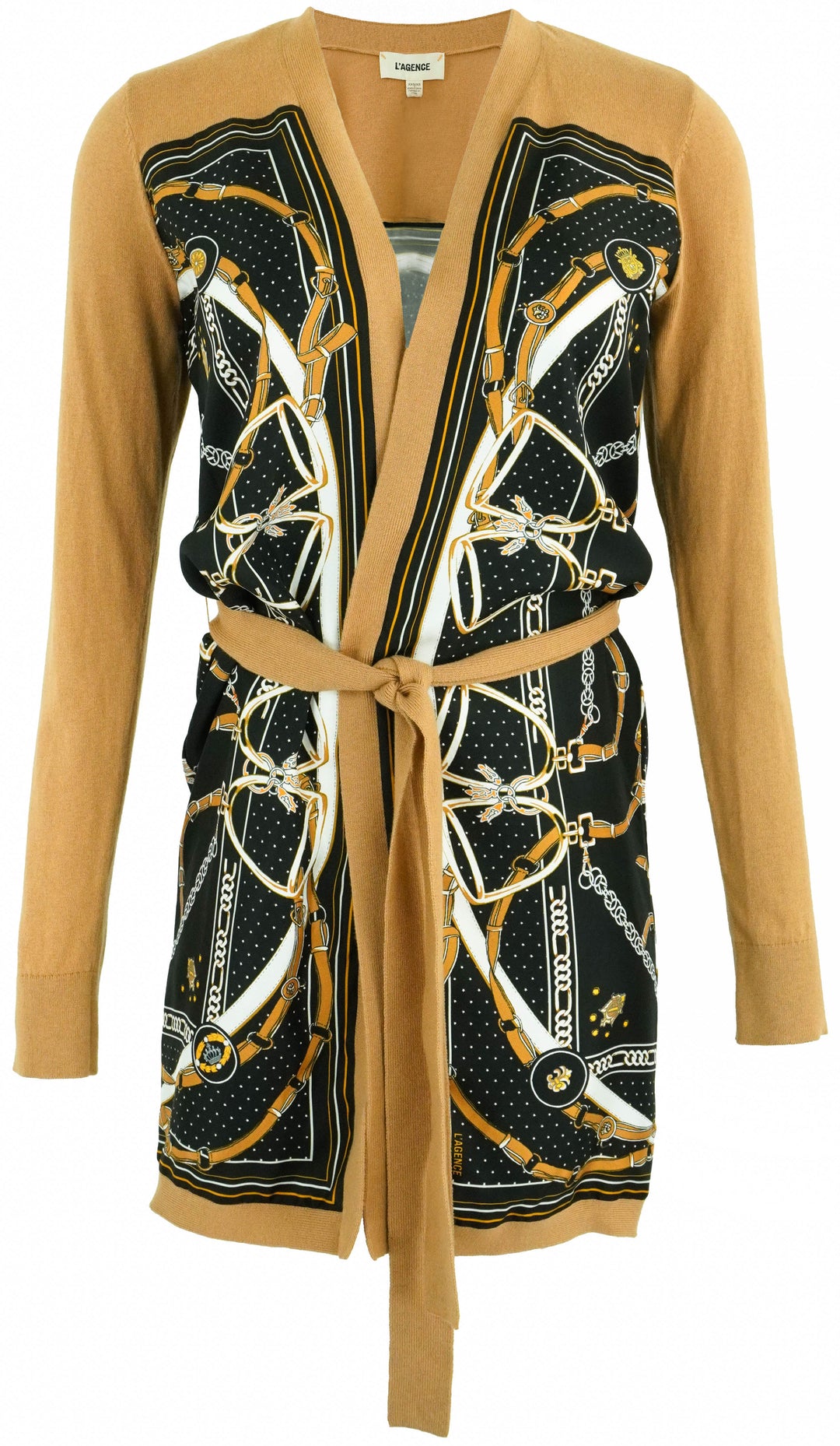 L'AGENCE Beverly Silk Panel Cardigan in Black/Tan - Discounts on L'AGENCE at UAL
