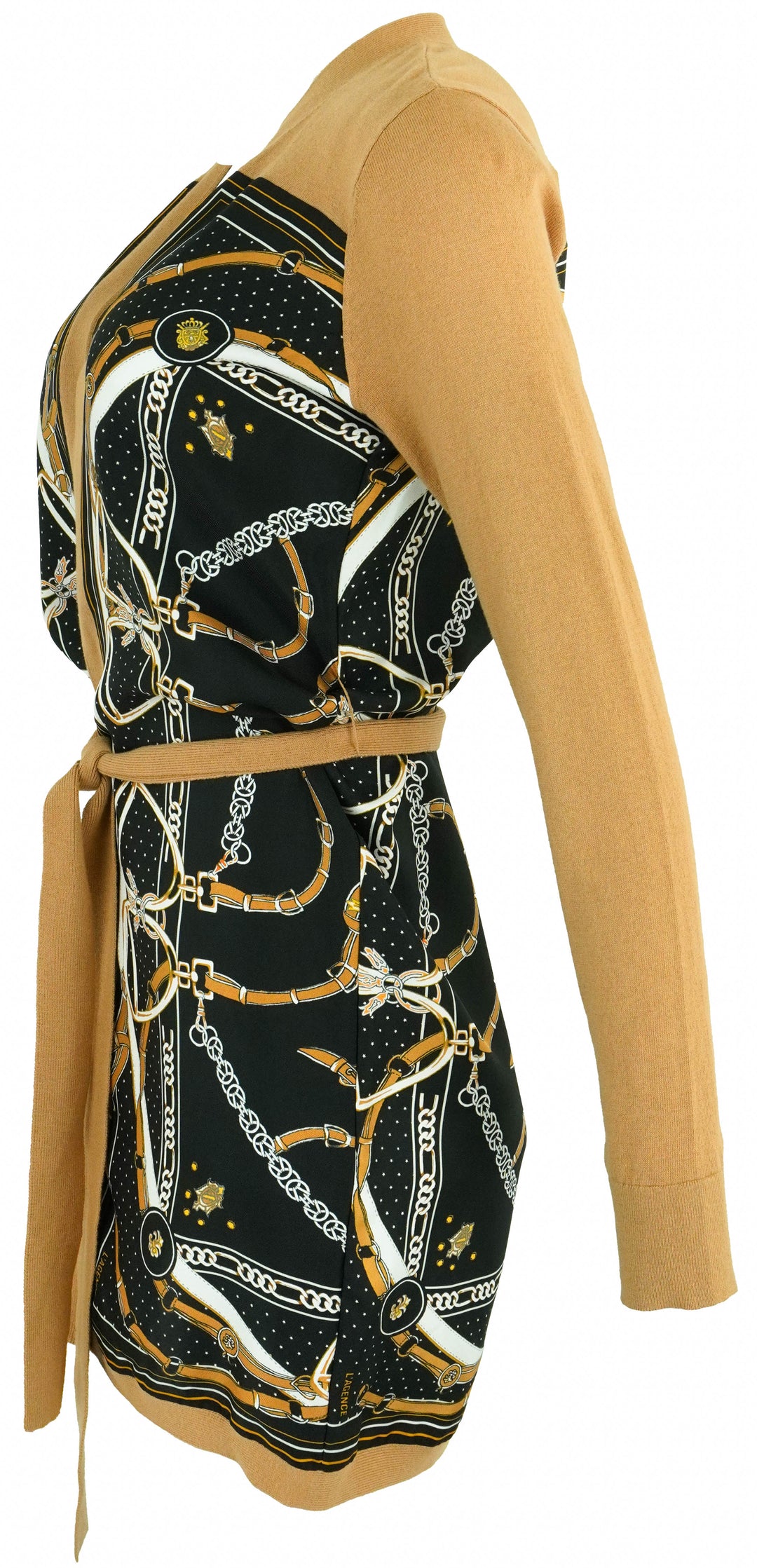 L'AGENCE Beverly Silk Panel Cardigan in Black/Tan - Discounts on L'AGENCE at UAL