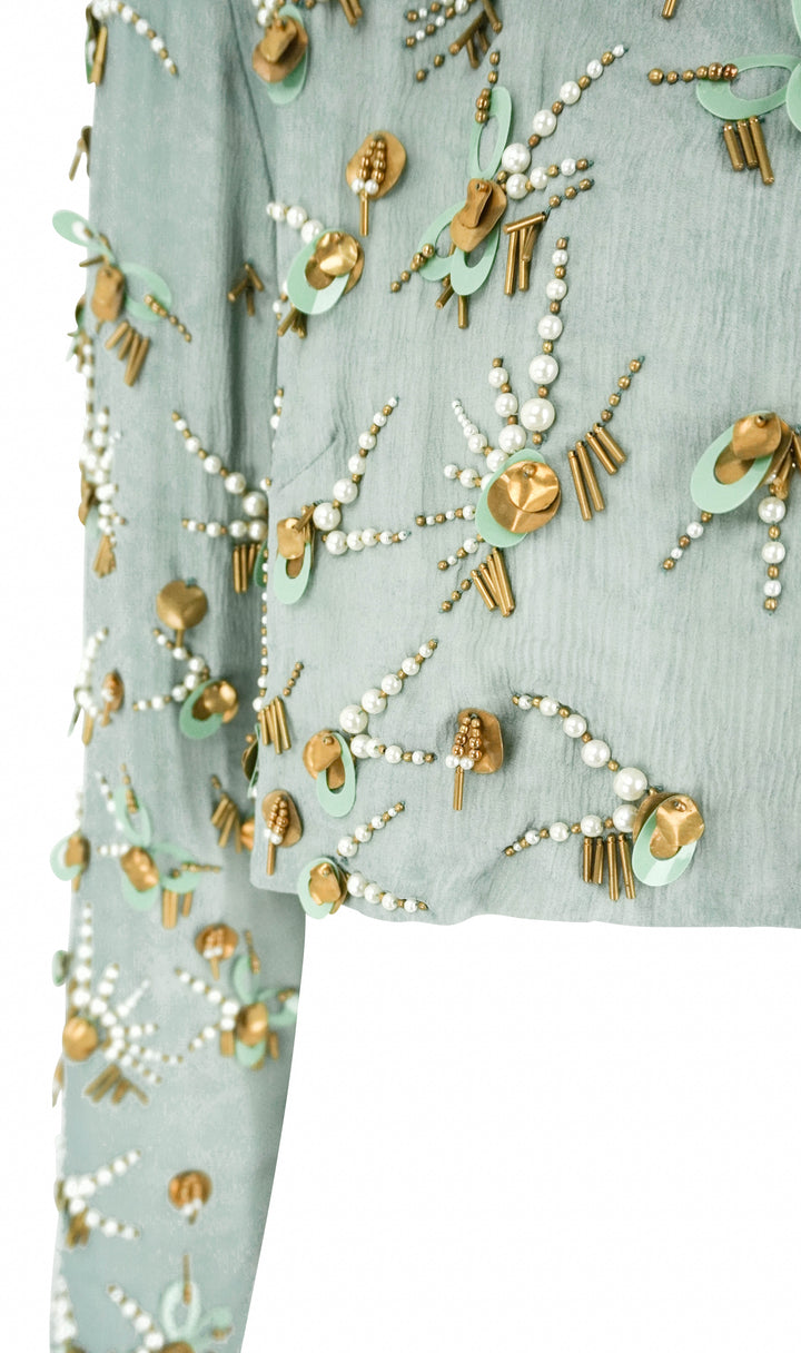 Dries Van Noten Cropped Embellished Jacket in Blue Grey - Discounts on Dries Van Noten at UAL