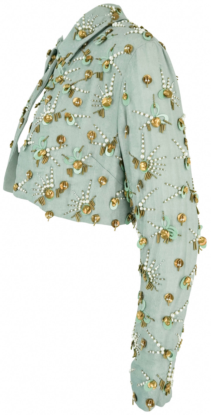 Dries Van Noten Cropped Embellished Jacket in Blue Grey - Discounts on Dries Van Noten at UAL