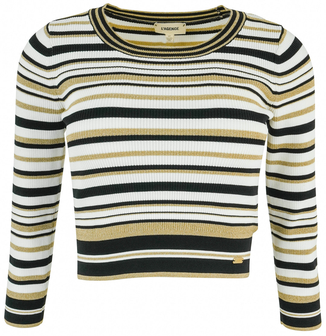 L'Agence Yukio Long Sleeve Crop Top in White, Black and Gold - Discounts on L'Agence at UAL