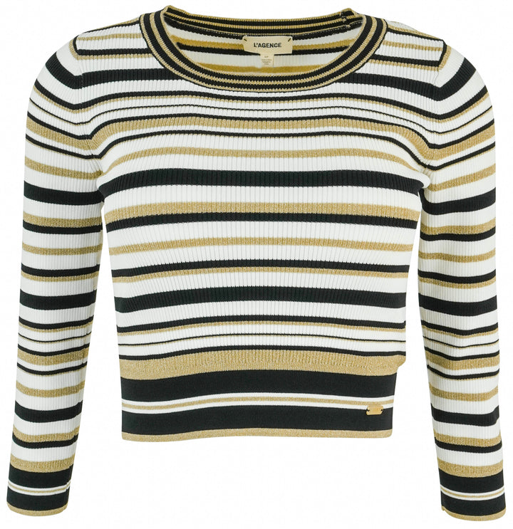 L'Agence Yukio Long Sleeve Crop Top in White, Black and Gold - Discounts on L'Agence at UAL