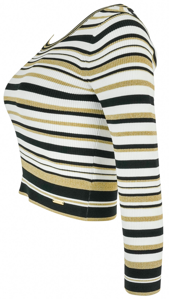 L'Agence Yukio Long Sleeve Crop Top in White, Black and Gold - Discounts on L'Agence at UAL
