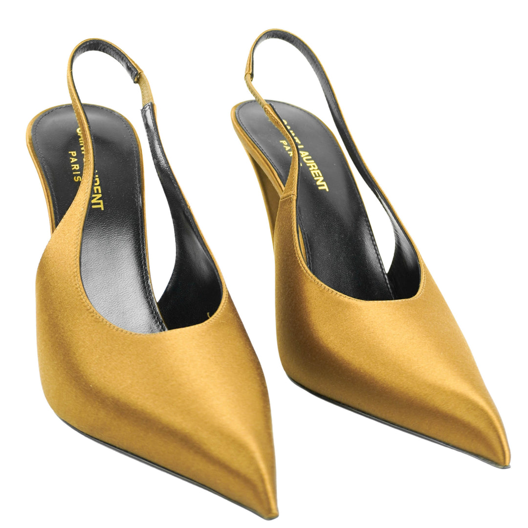 Saint Laurent Faye Slingback Satin Heels in Deep Cognac - Discounts on Saint Laurent at UAL