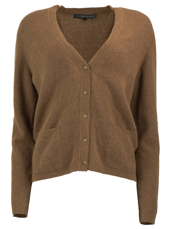Zeynep Arcay Wool Blend V-Neck Cardigan in Toffee