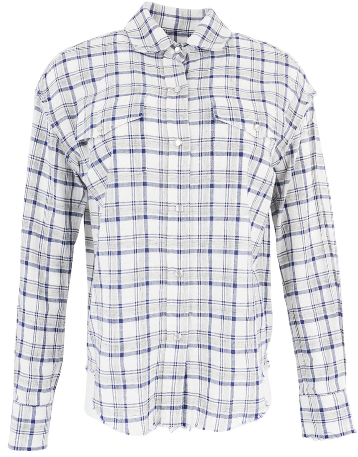 TWP Plaid Distressed Button Up Shirt in Grey and Blue - Discounts on TWP at UAL