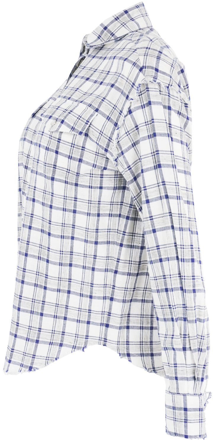 TWP Plaid Distressed Button Up Shirt in Grey and Blue - Discounts on TWP at UAL