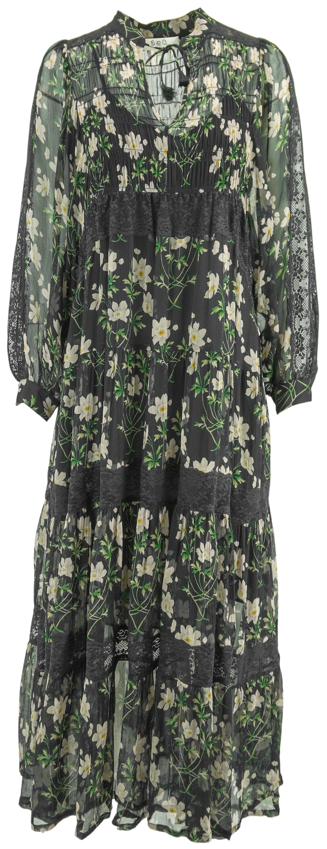 Sea New York Elizabeth Tiered Midi Dress in Black Floral Print