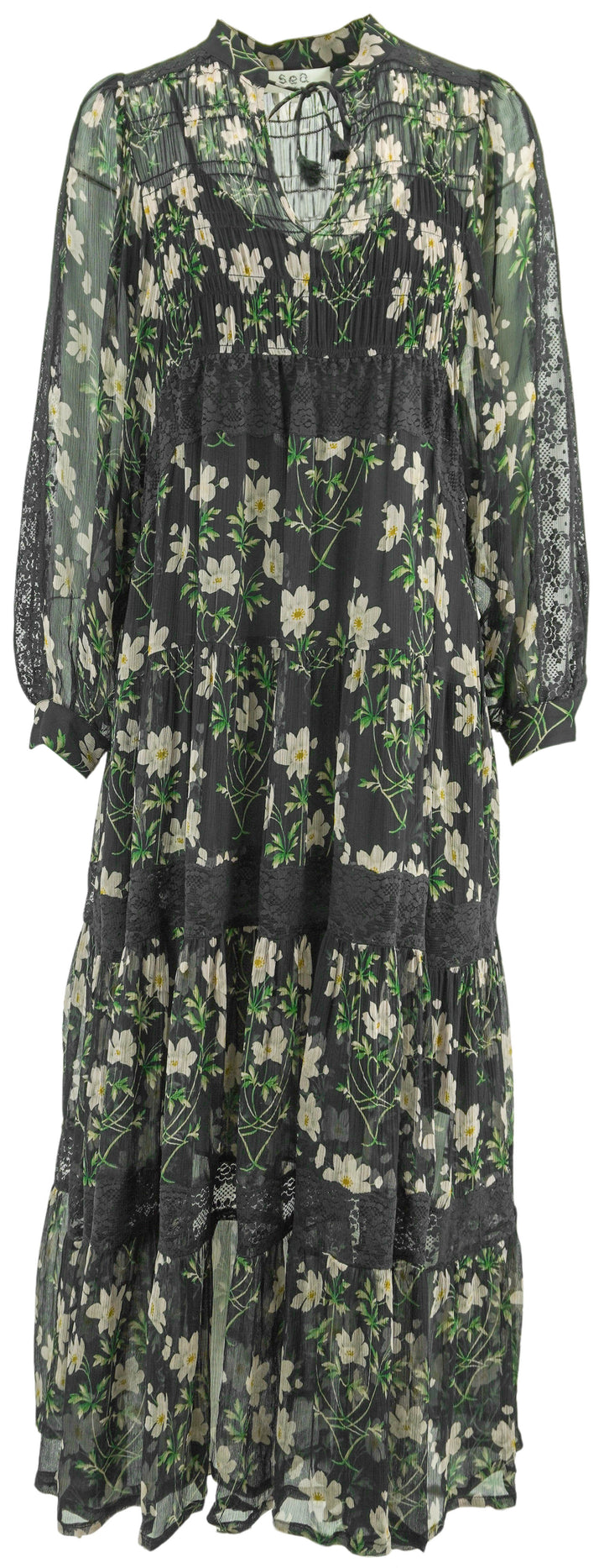 Sea New York Elizabeth Tiered Midi Dress in Black Floral Print
