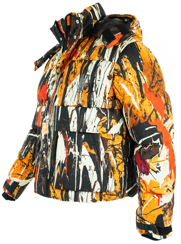 Amiri paint Splatter Puffer Jacket in Orange Multi - Discounts on Amiri at UAL