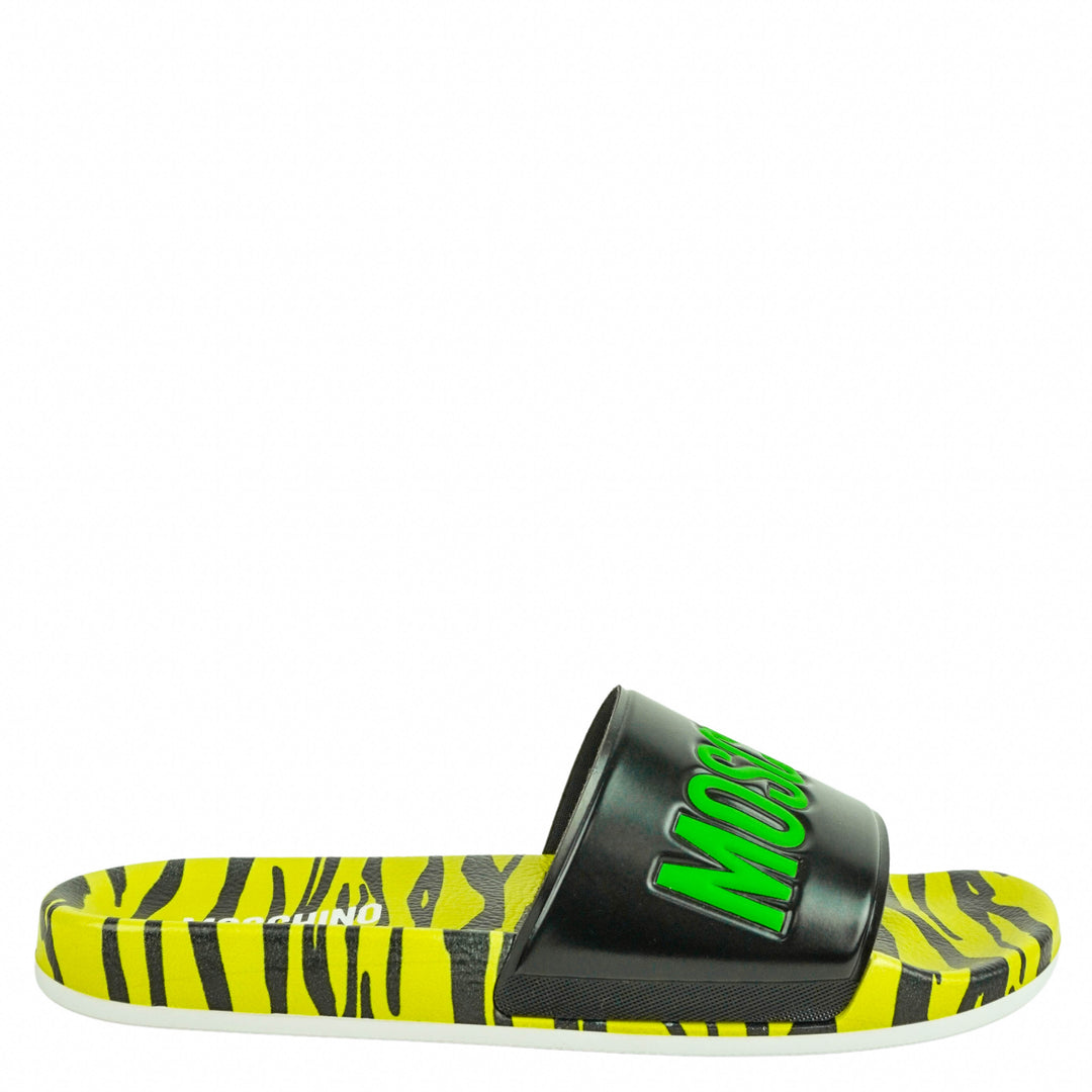 Moschino Tiger Slides in Black and Neon Green