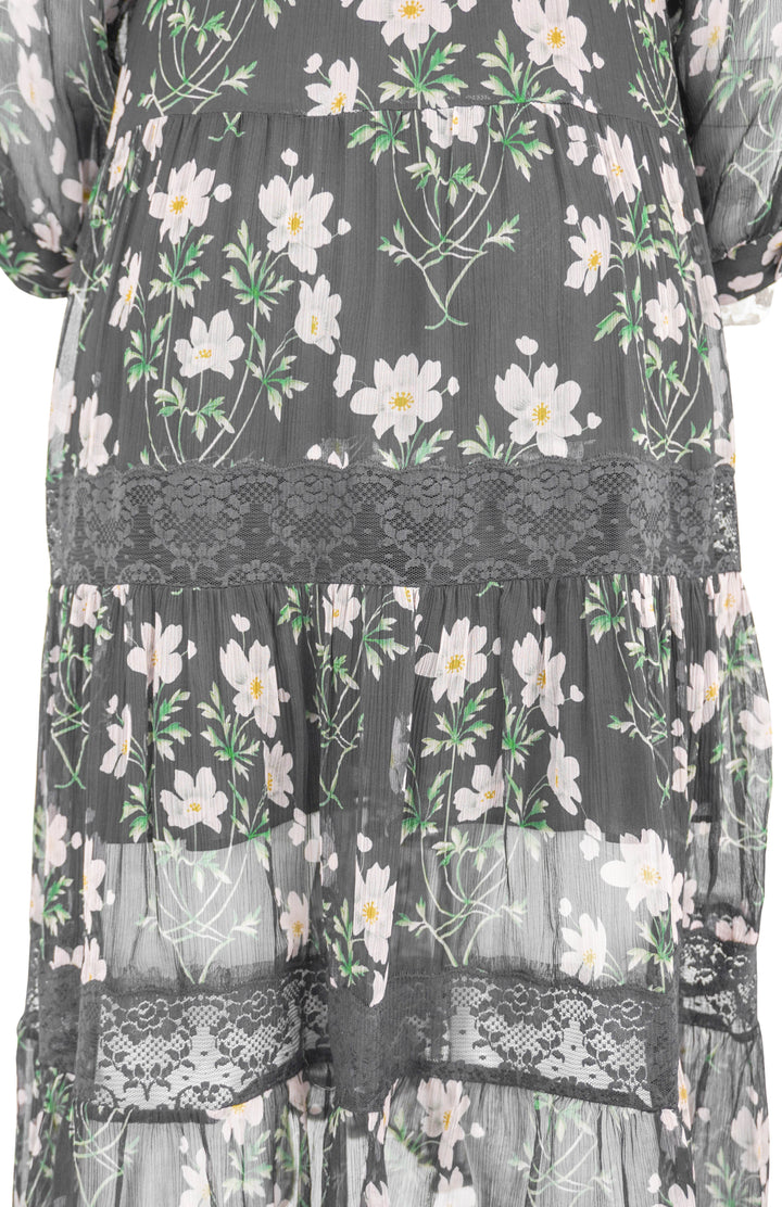 Sea New York Elizabeth Tiered Midi Dress in Black Floral Print