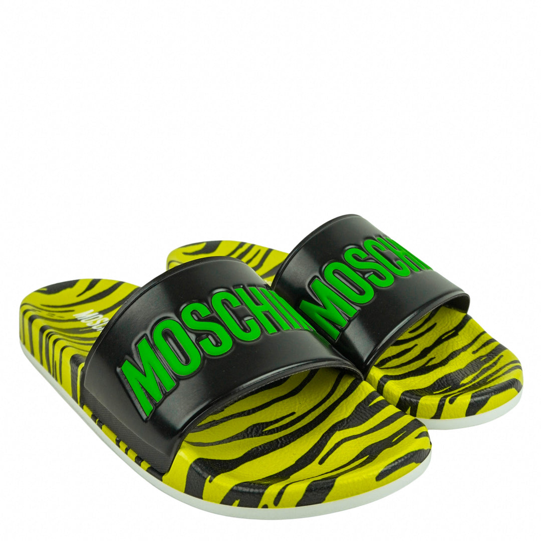 Moschino Tiger Slides in Black and Neon Green