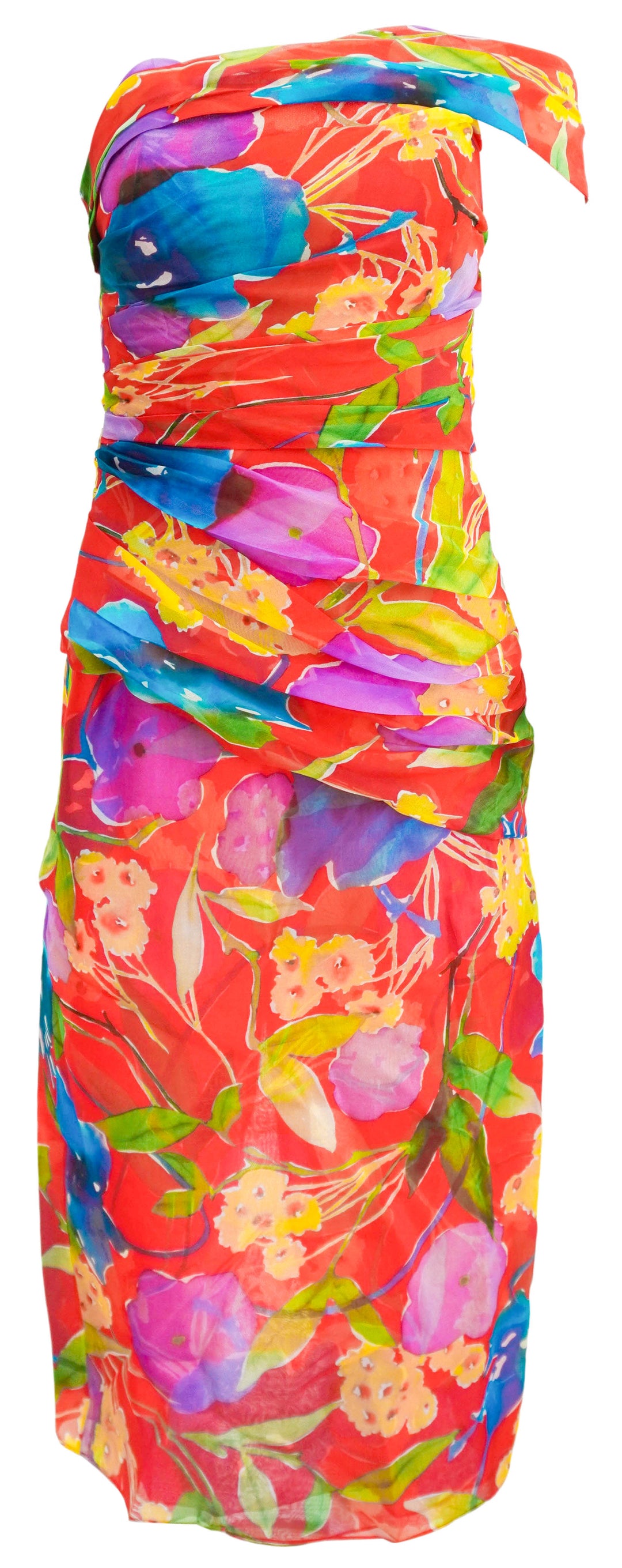 Carolina Herrera One Shoulder Ruched Midi Dress in Red Multi - Discounts on Carolina Herrera at UAL
