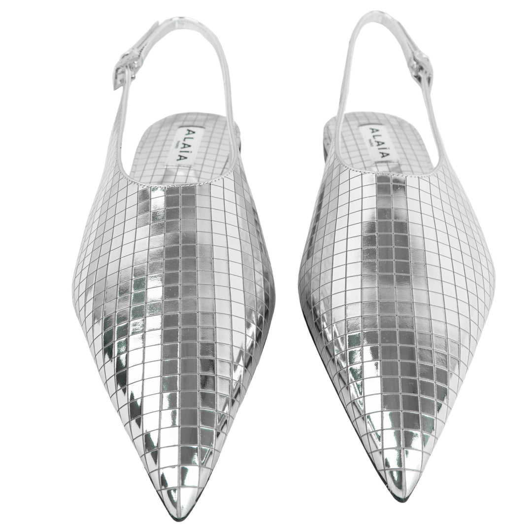Alaïa Art Deco Flat Slingbacks in Silver Mirror Ball - Discounts on ALAÏA at UAL