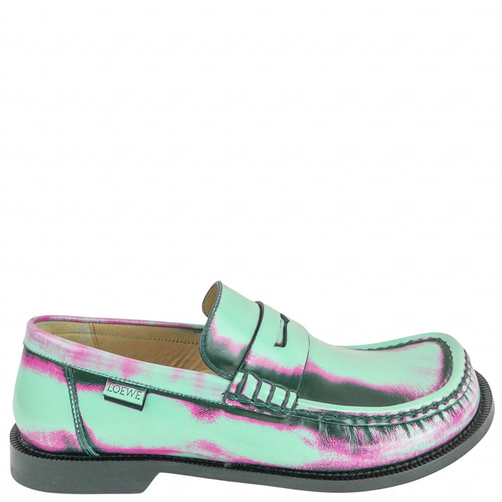 Loewe Brushed Leather Campo Loafer in Mint Rose and Forest Green - Discounts on Loewe at UAL