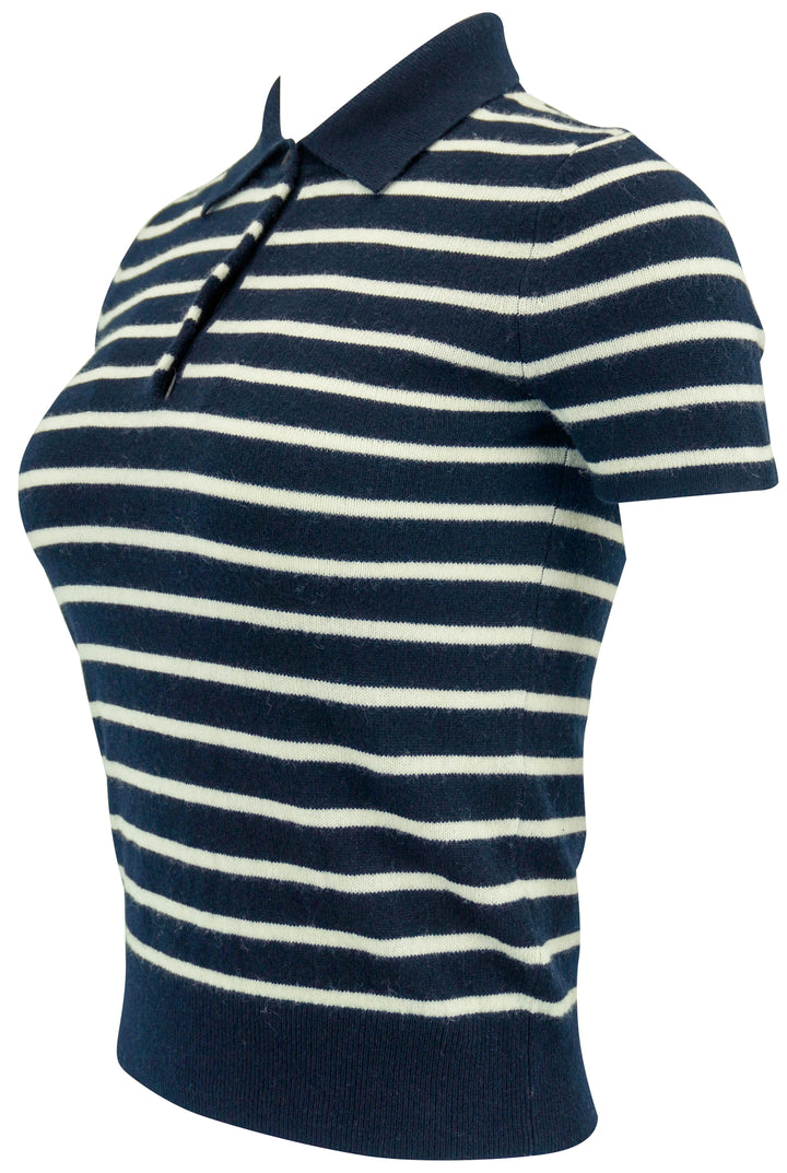 Nili Lotan Short Sleeve Striped Cashmere Sweater in Deep Navy/White