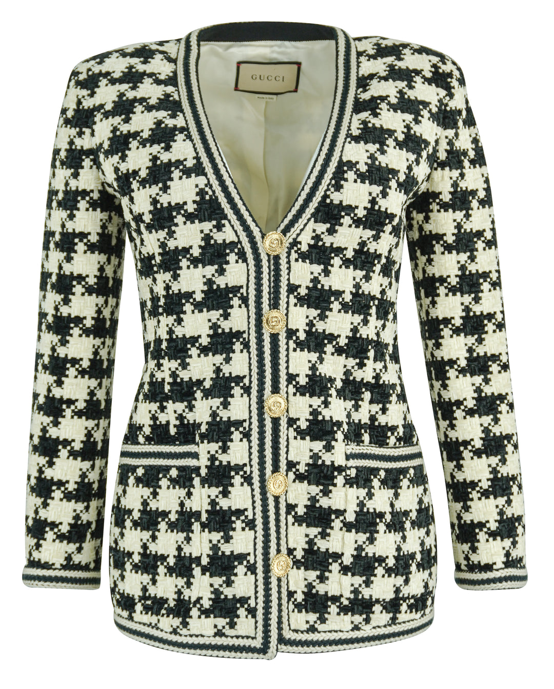 Gucci Woven Houndstooth Print Jacket in Black and Cream - Discounts on Gucci at UAL