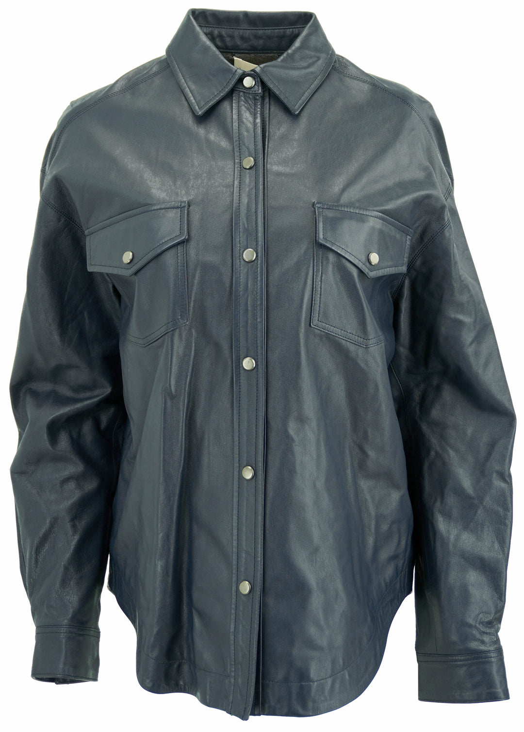 TWP Leather Snap Front Shirt in Dark Blue/Grey - Discounts on TWP at UAL