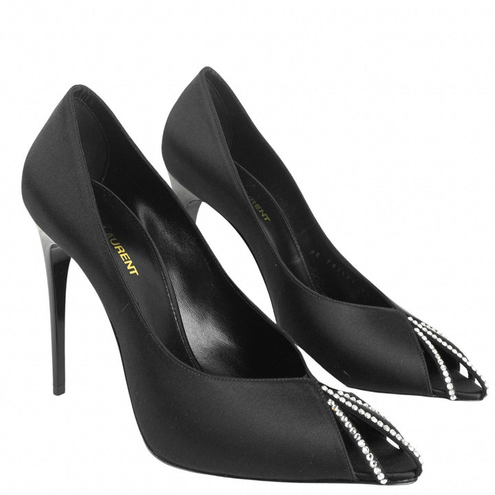 Saint Laurent Embellished Satin Pumps in Black - Discounts on Saint Laurent at UAL