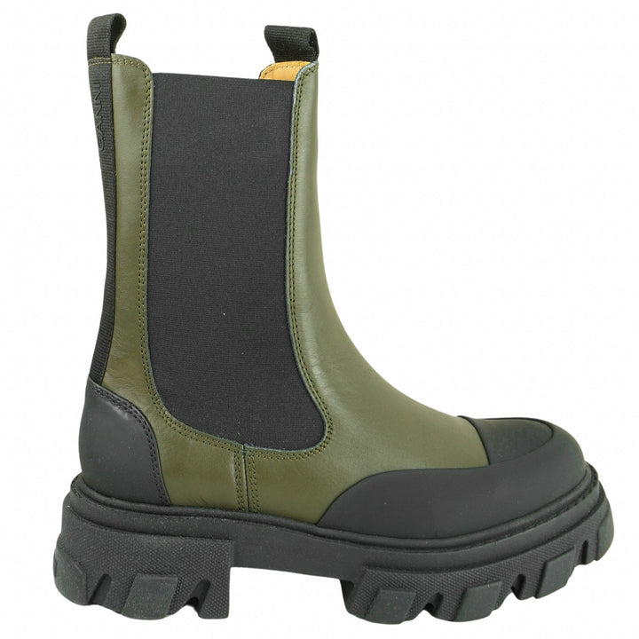 Ganni Chunky Sole Chelsea Boots in Olive Green and Black - Discounts on Ganni at UAL