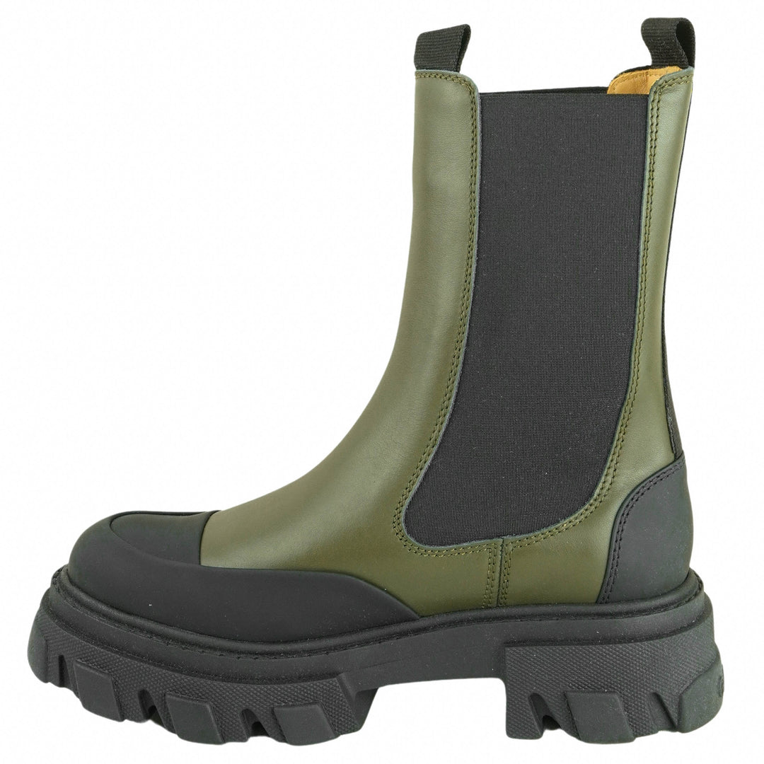 Ganni Chunky Sole Chelsea Boots in Olive Green and Black - Discounts on Ganni at UAL