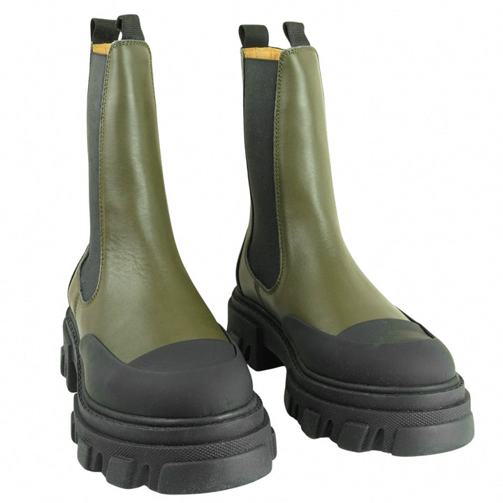 Ganni Chunky Sole Chelsea Boots in Olive Green and Black - Discounts on Ganni at UAL