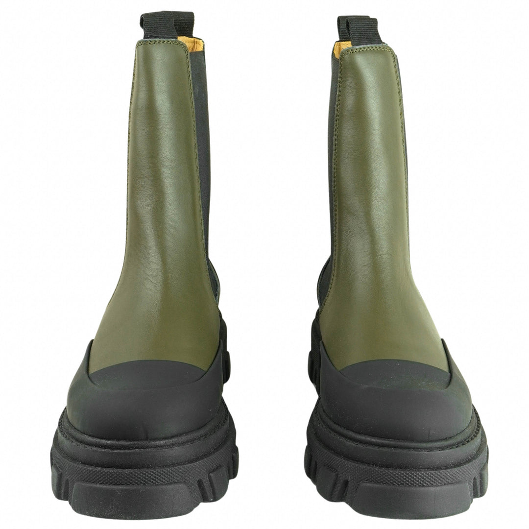 Ganni Chunky Sole Chelsea Boots in Olive Green and Black - Discounts on Ganni at UAL