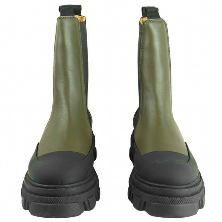 Ganni Chunky Sole Chelsea Boots in Olive Green and Black - Discounts on Ganni at UAL