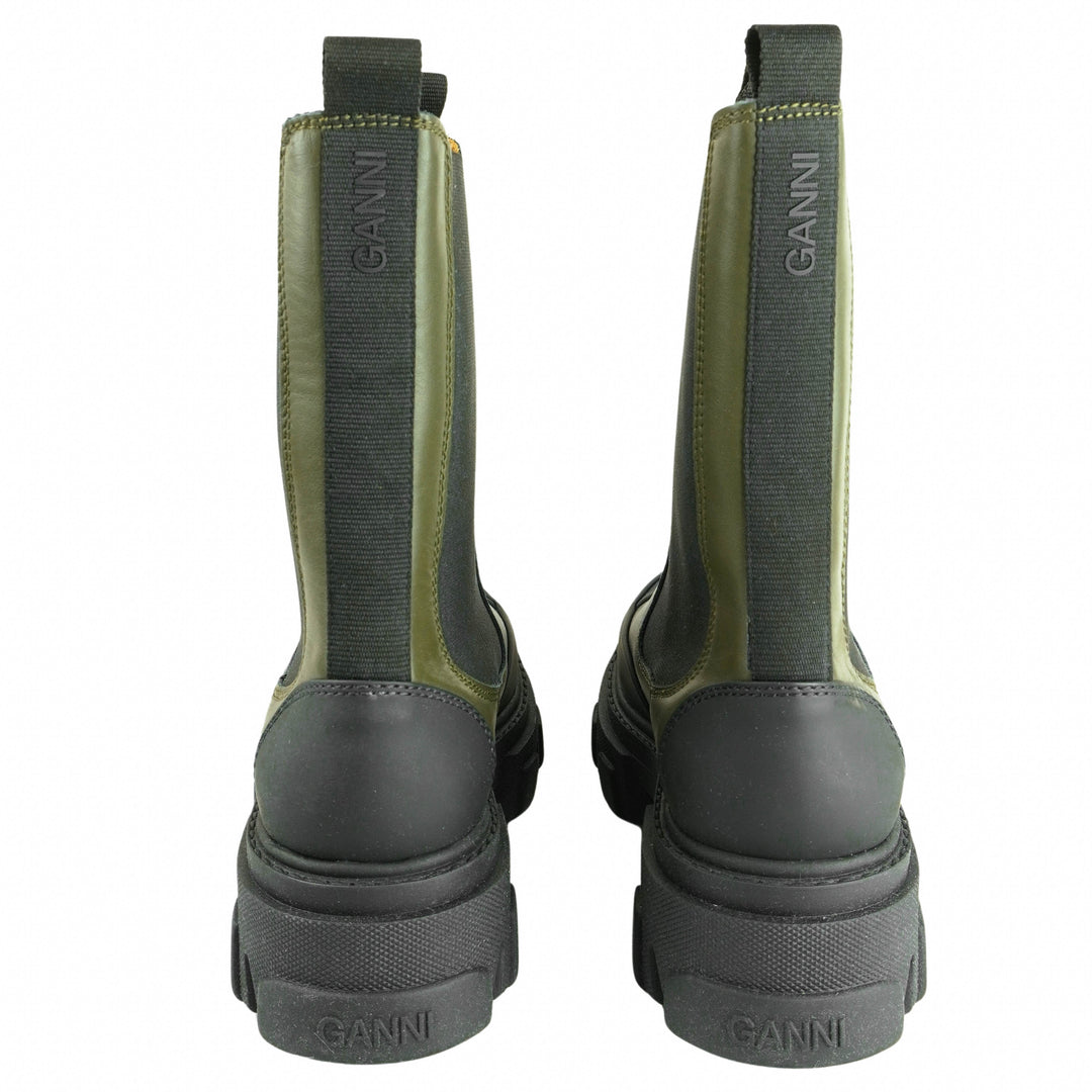 Ganni Chunky Sole Chelsea Boots in Olive Green and Black - Discounts on Ganni at UAL
