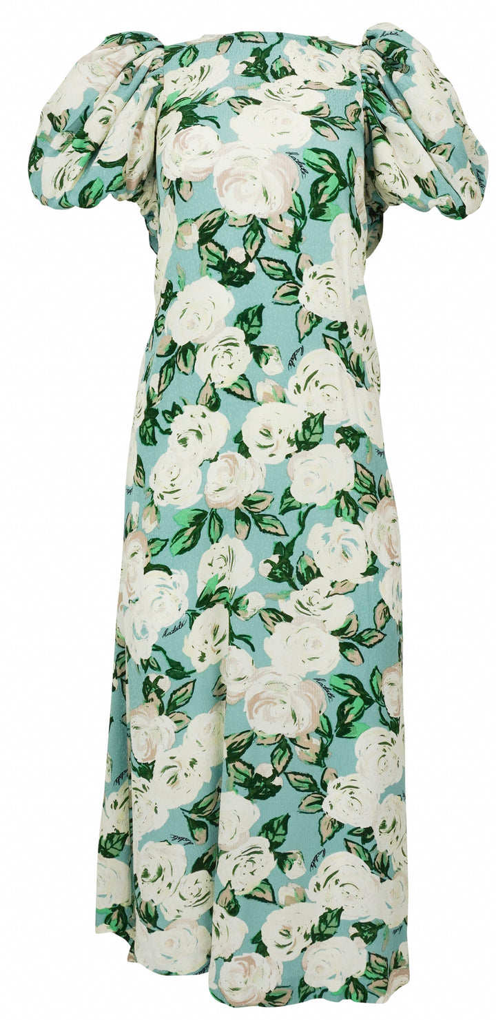Rotate Birger Christensen Floral Puff Sleeve Midi Dress in Light Blue Multi - Discounts on Rotate at UAL