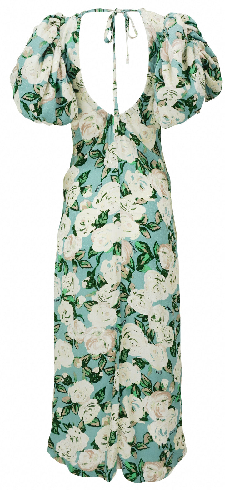 Rotate Birger Christensen Floral Puff Sleeve Midi Dress in Light Blue Multi - Discounts on Rotate at UAL