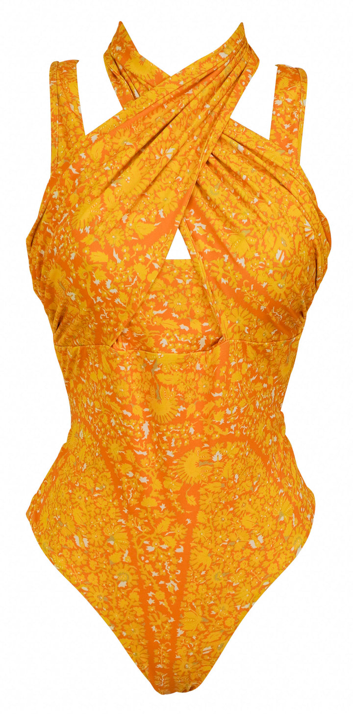 Giambattista Valli Floral Halter Swimsuit in Yellow Multi